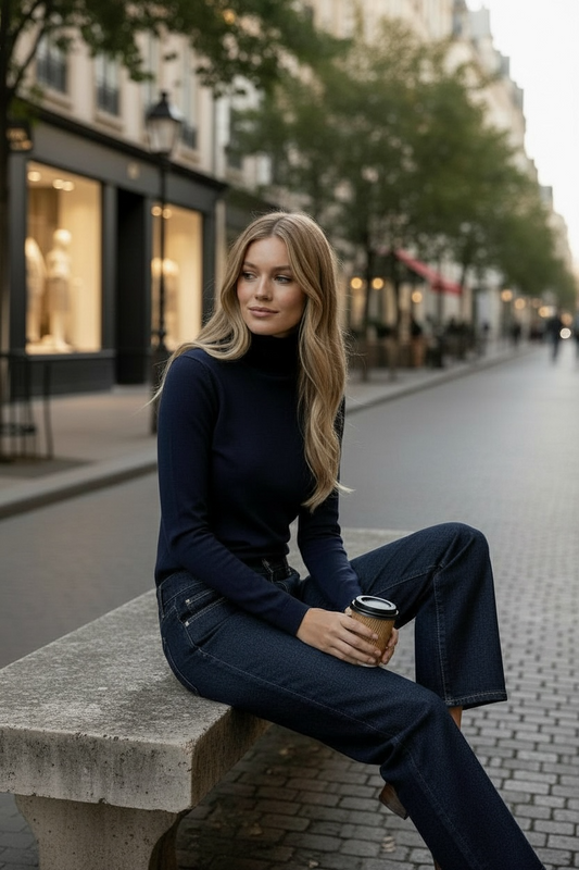 Pull col roulé basique tout doux bleu marine