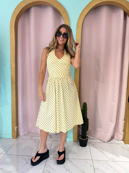 Robe à pois longueur midi en popeline de coton - jaune