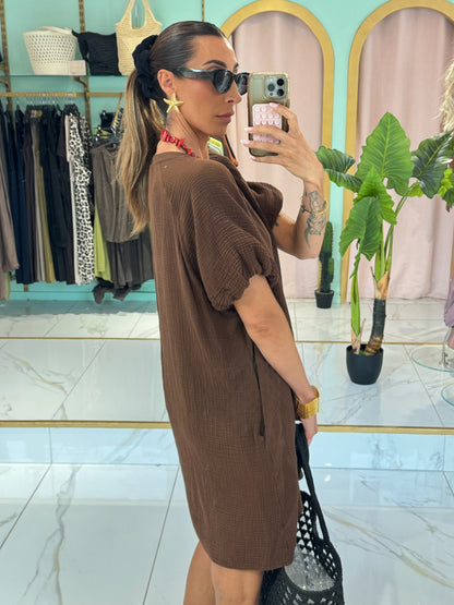 Robe en gaz de coton manches bouffantes - marron