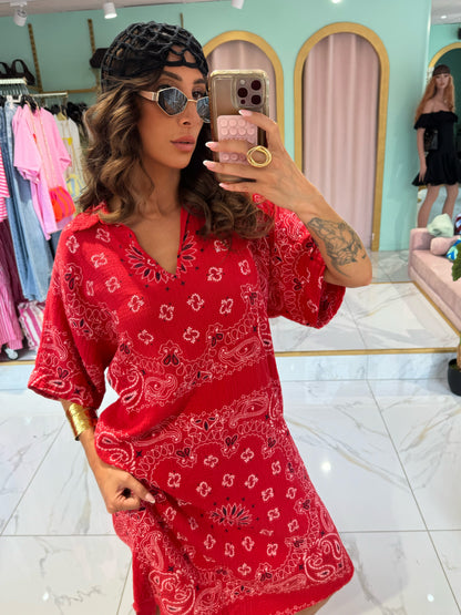 Robe tunique en gaz de coton à motif bandana - rouge