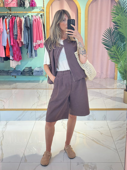 Bermuda ample effet nubuck – Purple Queen coloris chocolat