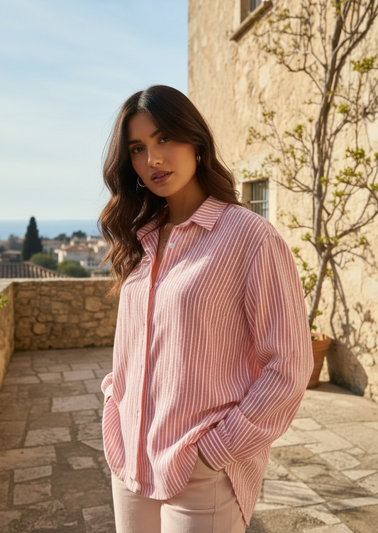 Chemise Oversize Rayée 100% Coton – rose foncé