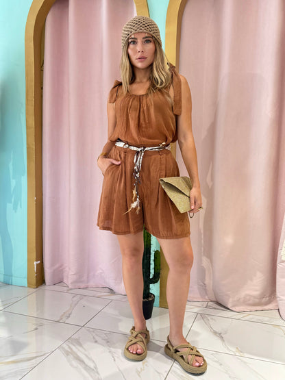 Short fluide léger bohème avec ceinture - terracota