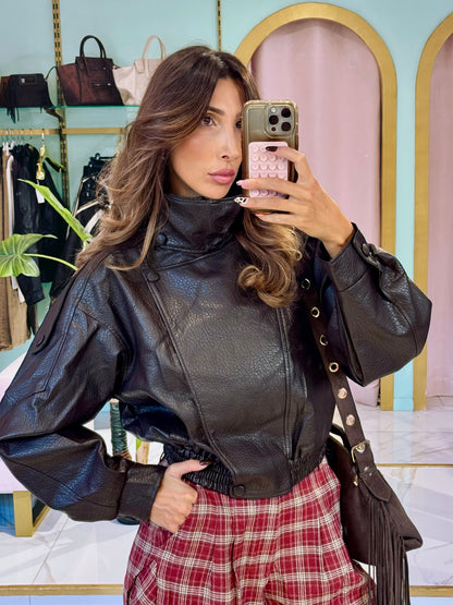 ✨ Veste Bomber en Simili Cuir Grainé à Col Montant Asymétrique – marron