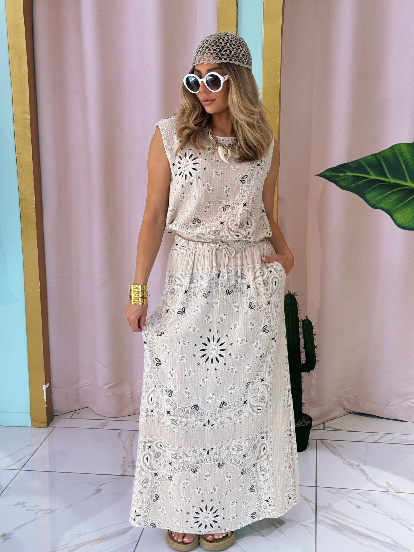 Ensemble top et jupe en gaz de coton à motif bandana- beige