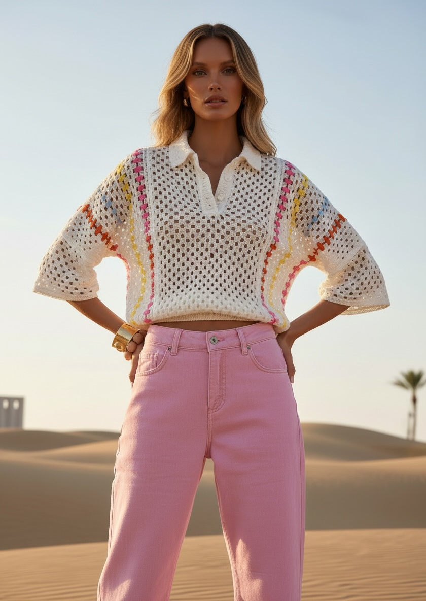 Polo crochet en coton blanc