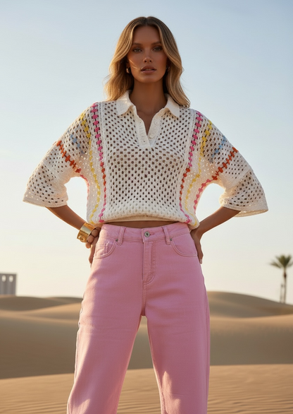 Polo crochet en coton blanc