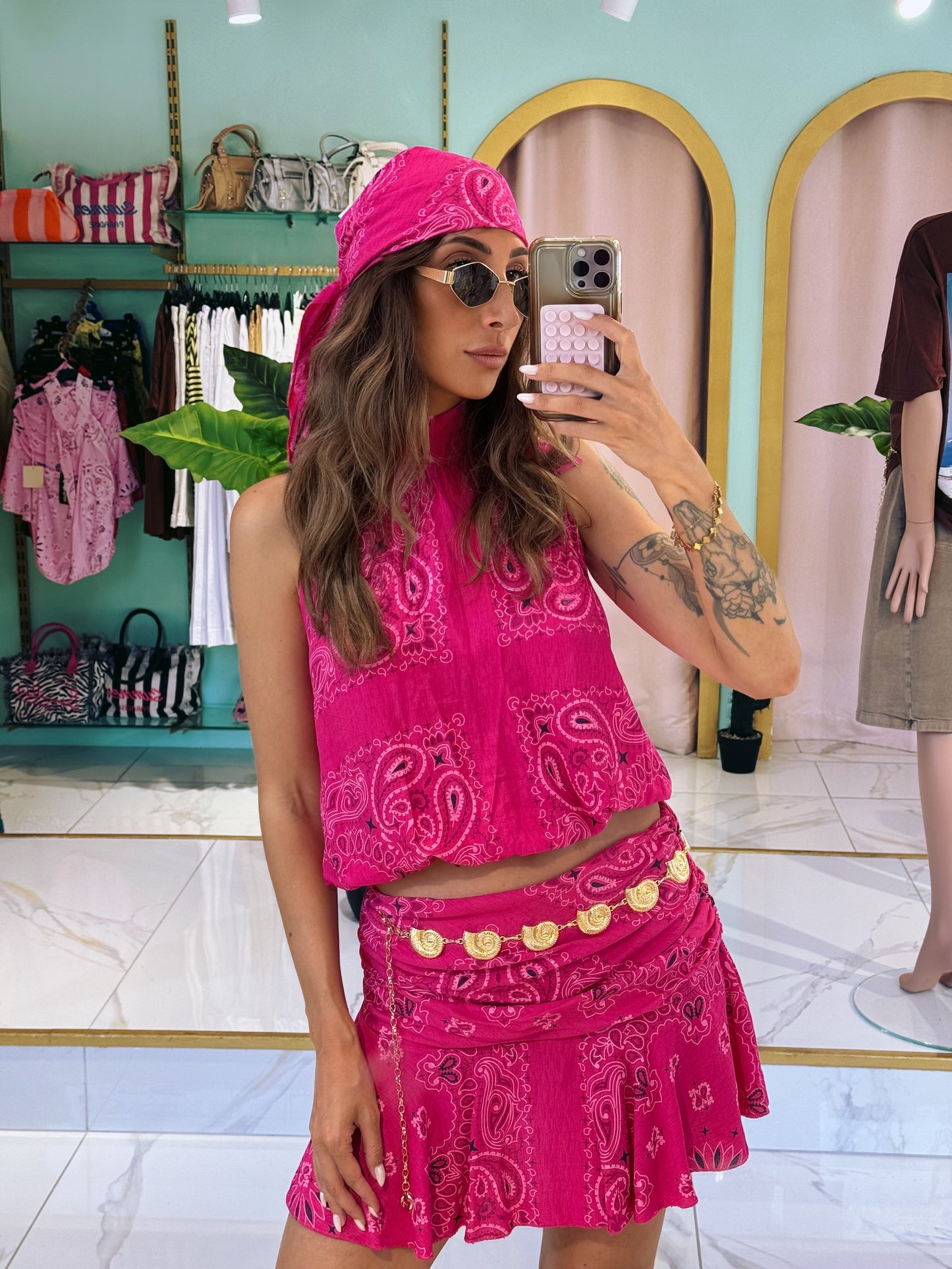 Ensemble top / jupe et foulard bandana  - fushia