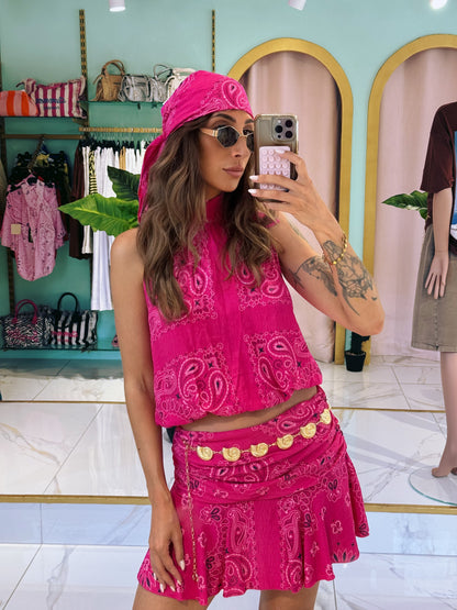 Ensemble top / jupe et foulard bandana  - fushia