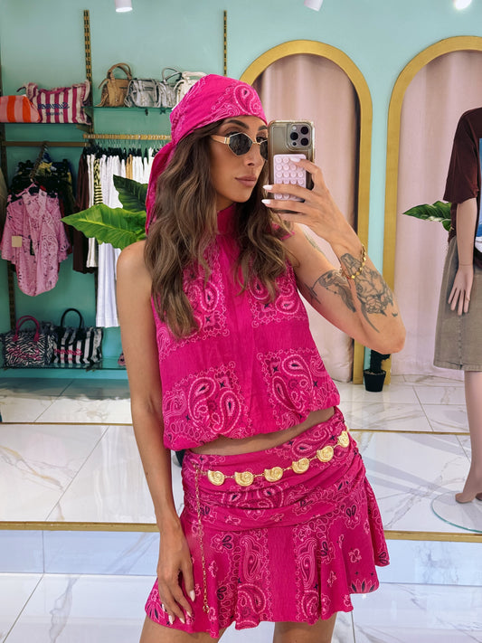 Ensemble top / jupe et foulard bandana  - fushia