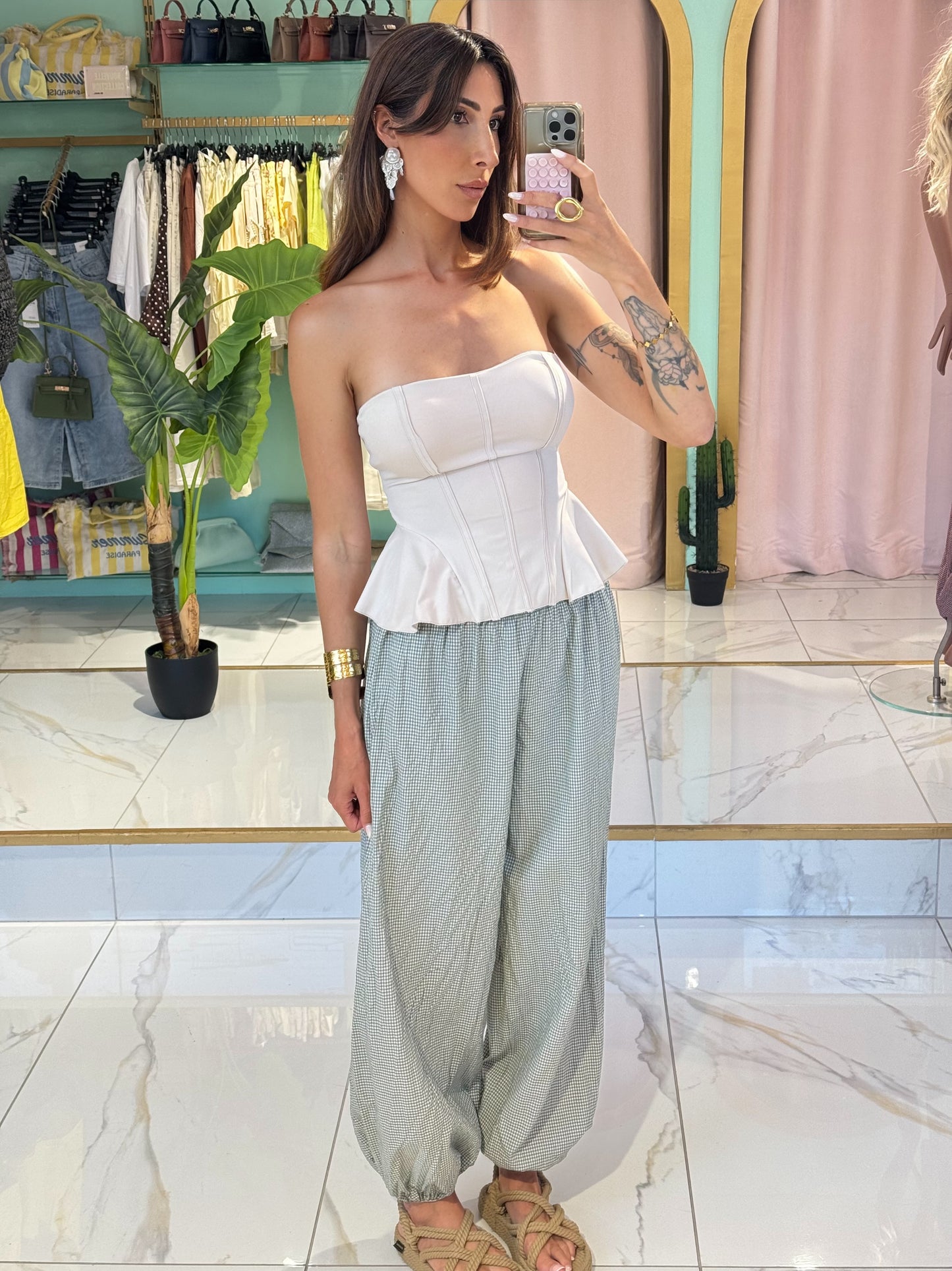 Pantalon bouffant à petit carreaux - kaki