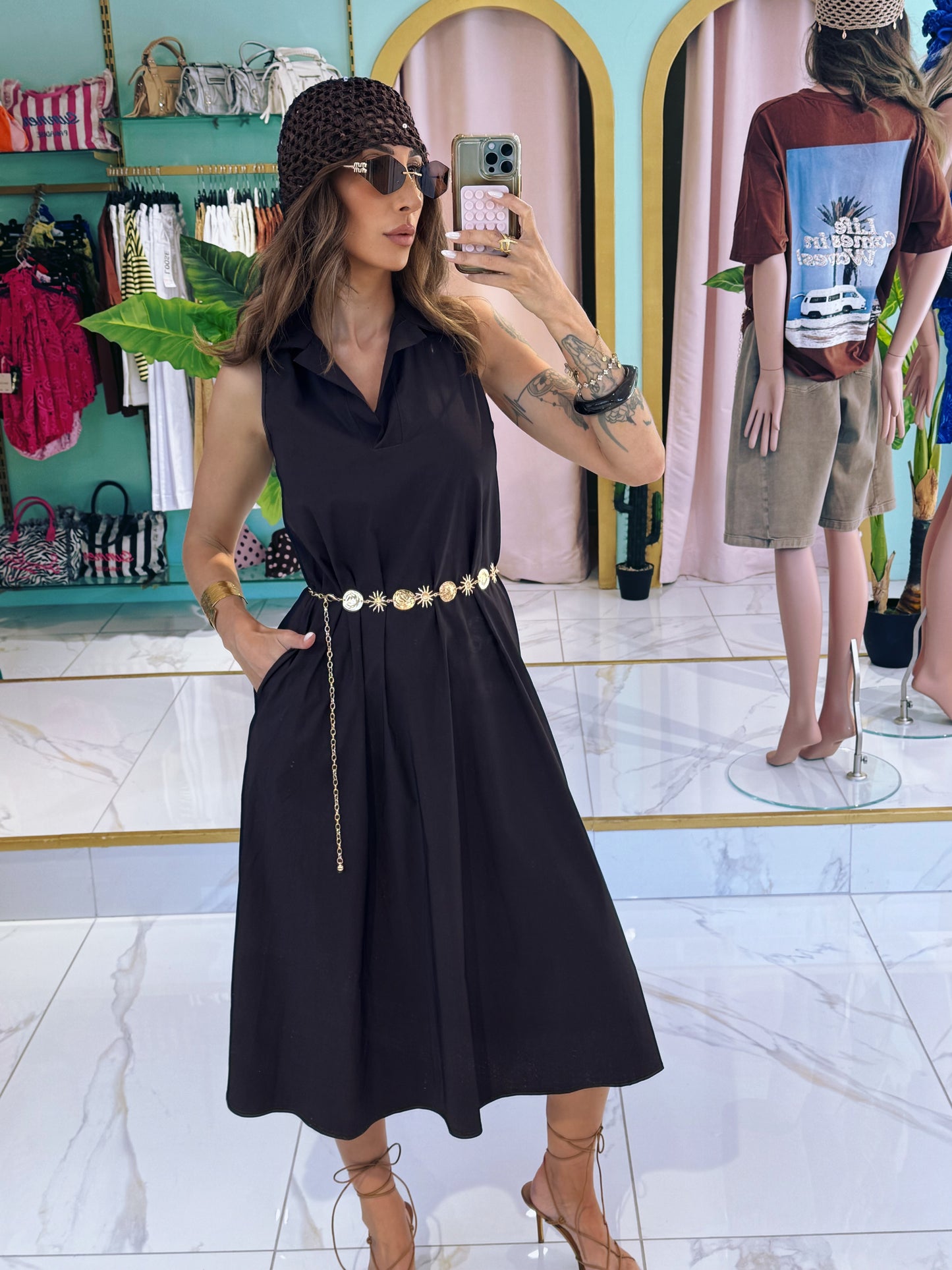 Robe midi col chemise - marron