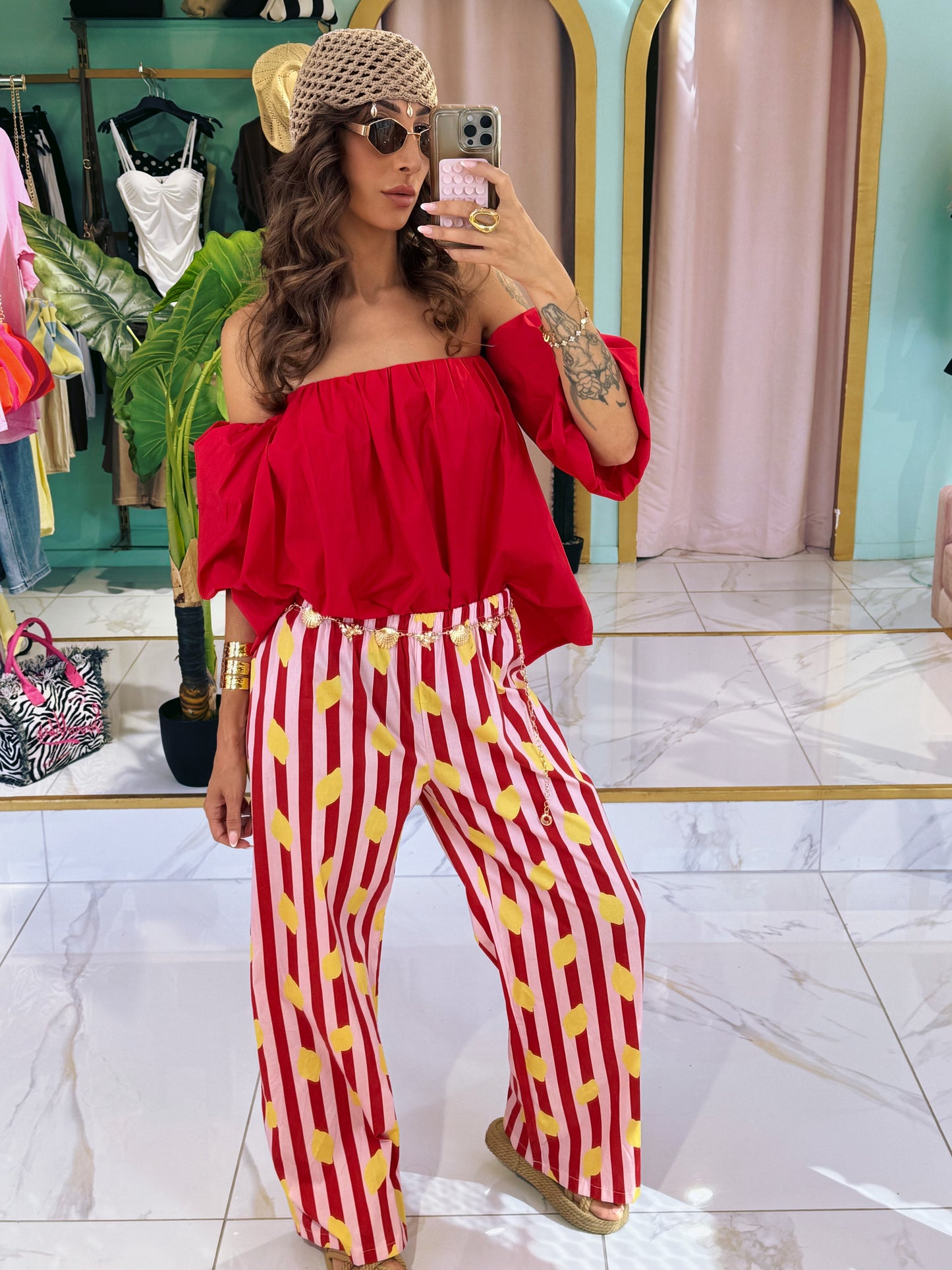 Pantalon rayé citron - rouge & rose