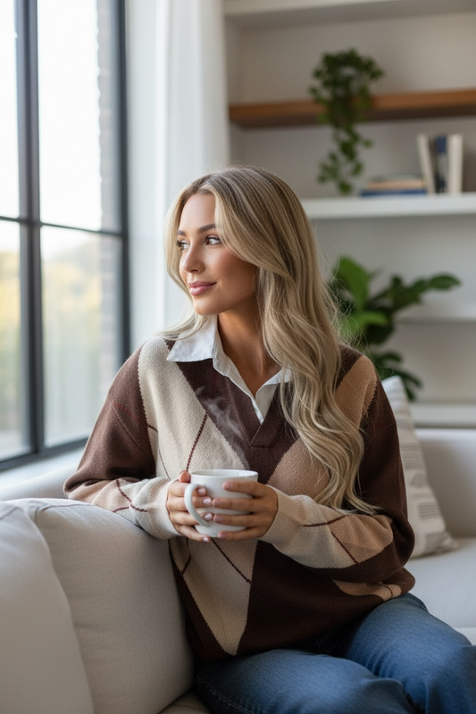 Pull jacquard avec col chemise intégrée coloris chocolat
