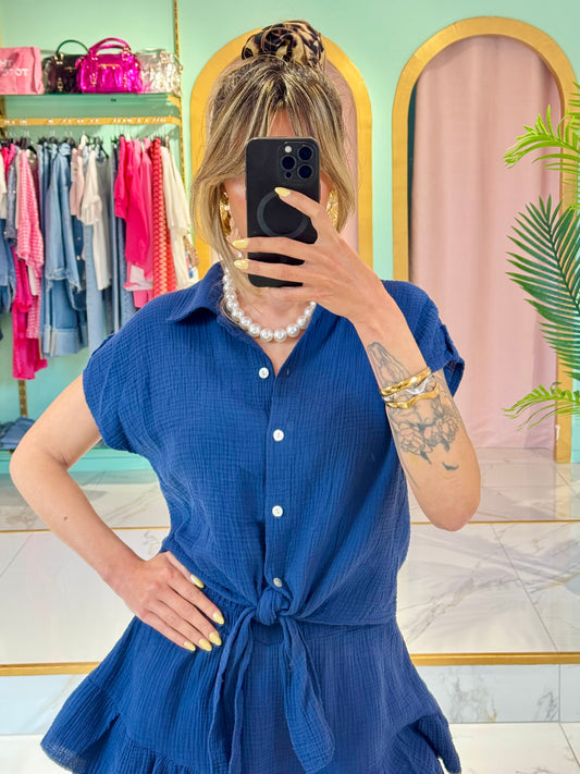 Chemise nouée en gaze de coton – bleu marine