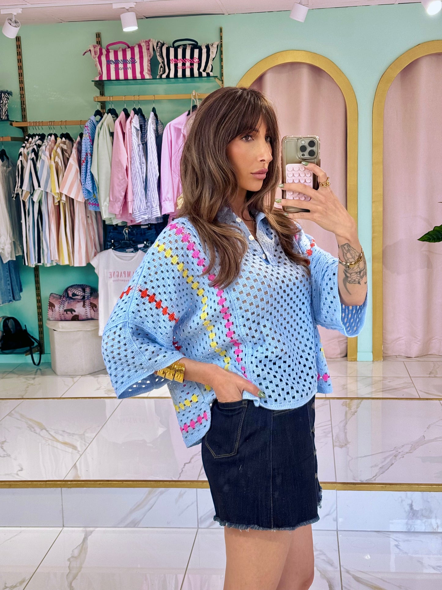 Polo crochet en coton bleu