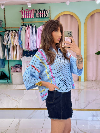 Polo crochet en coton bleu