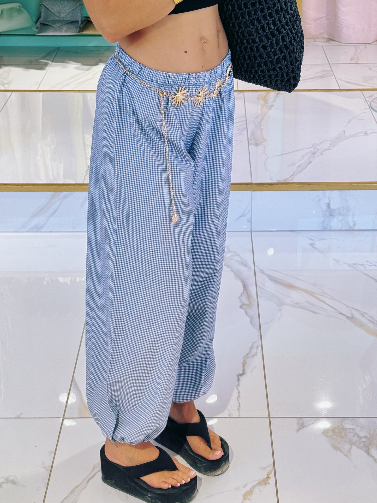 Pantalon bouffant à petit carreaux - bleu clair