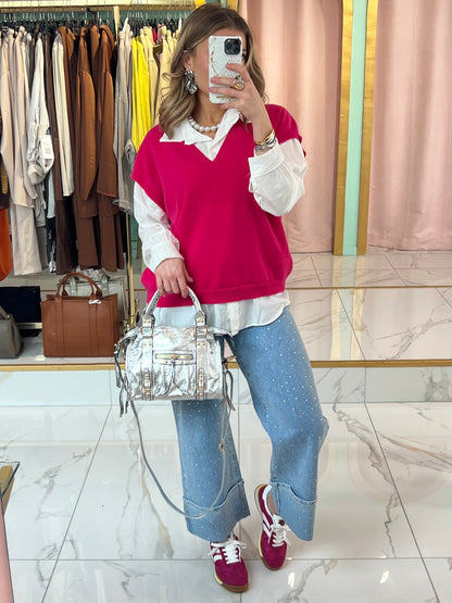 Top en maille à col en V sans manches - rose fushia