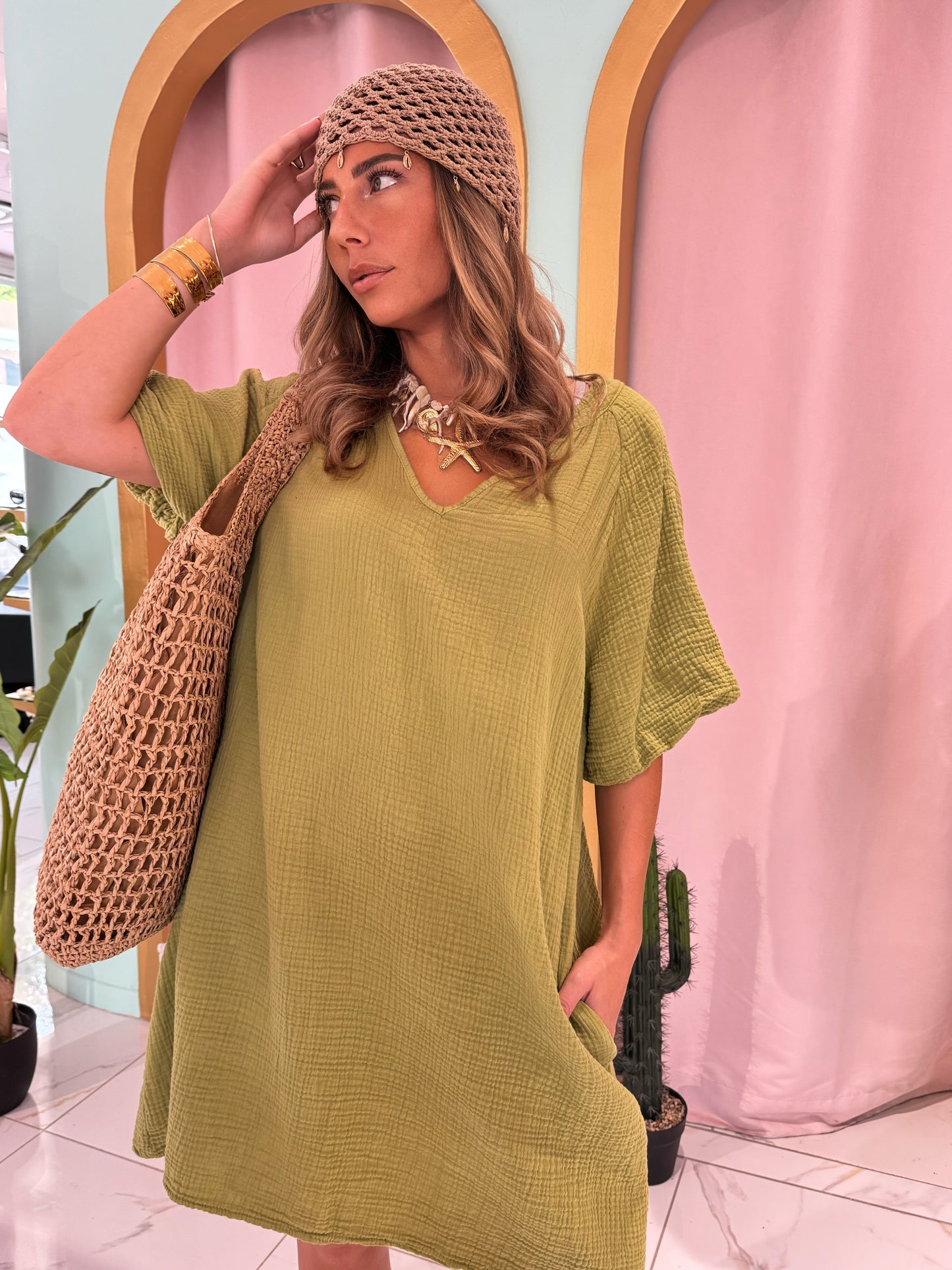 Robe en gaz de coton manches bouffantes - pistache