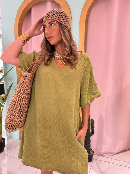 Robe en gaz de coton manches bouffantes - pistache