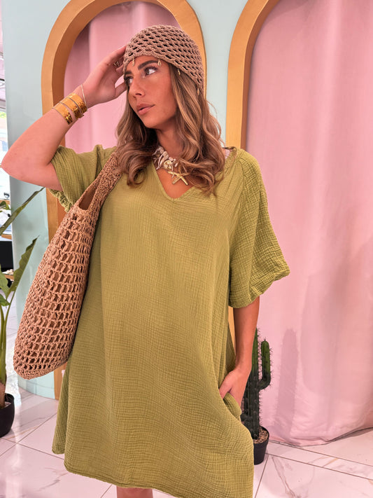 Robe en gaz de coton manches bouffantes - pistache