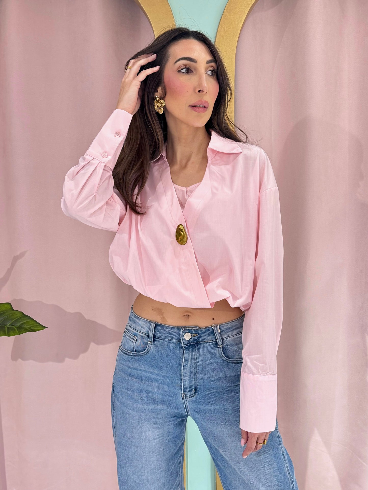 Chemise cropped bouffante Monaco rose pastel