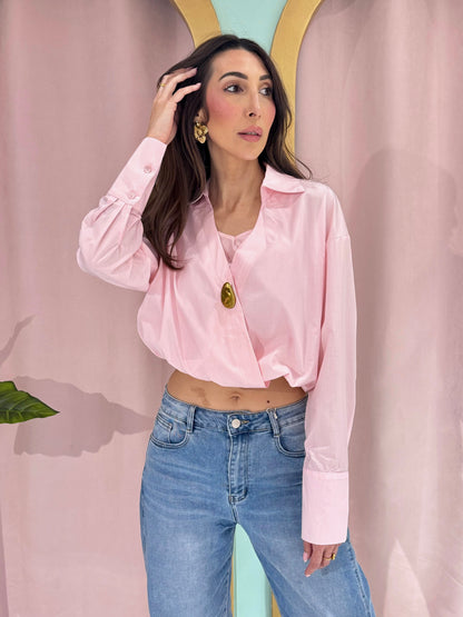 Chemise cropped bouffante Monaco rose pastel