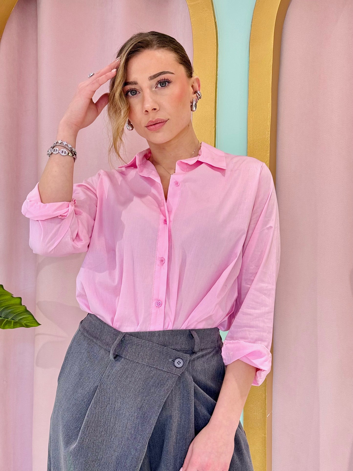 Chemise basique oversize unie rose pastel