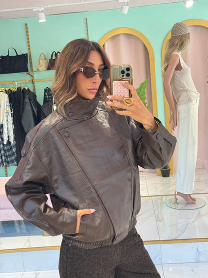 ✨ Veste Bomber en Simili Cuir Grainé à Col Montant Asymétrique – marron