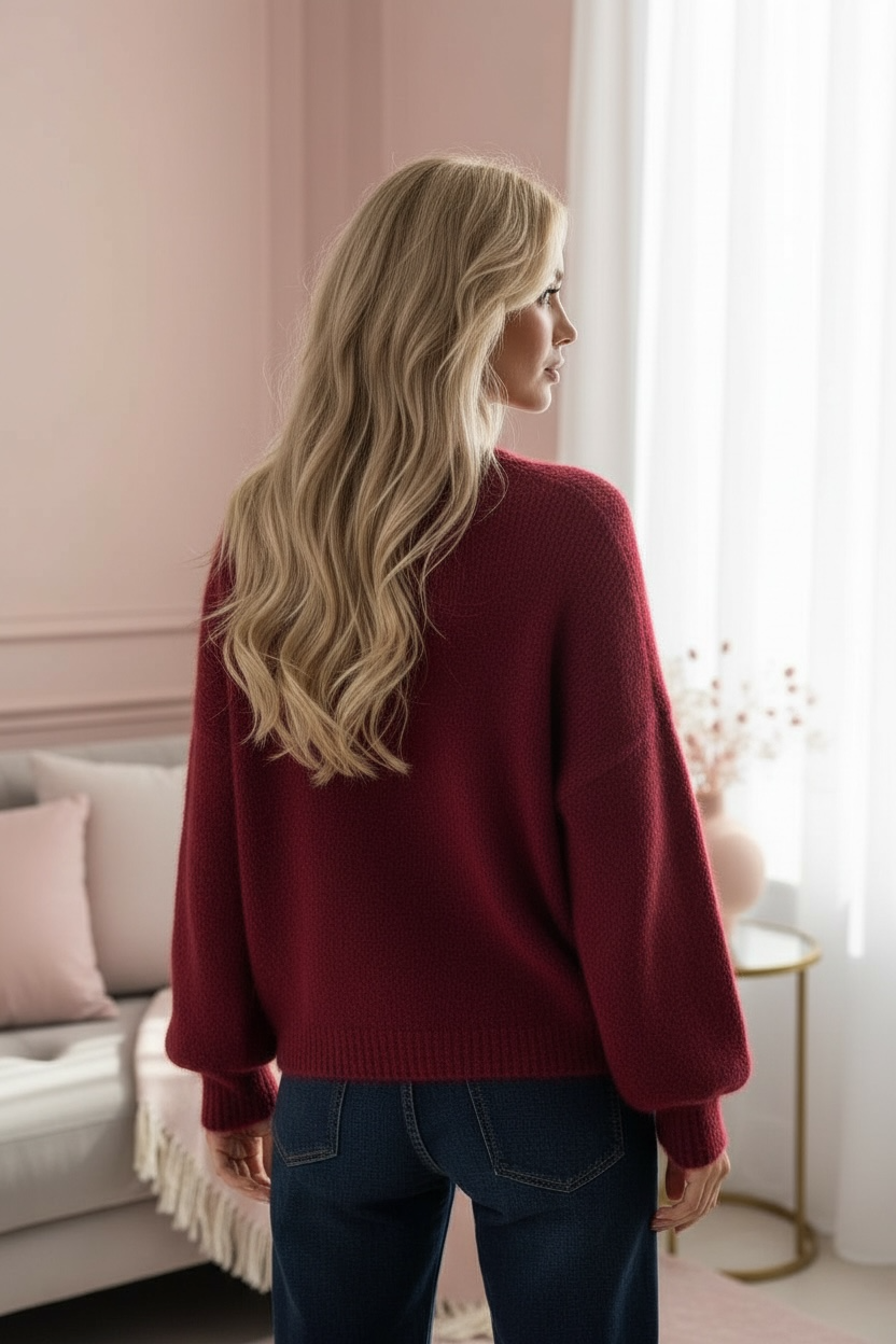 Gilet cocooning en maille manches longues bordeaux