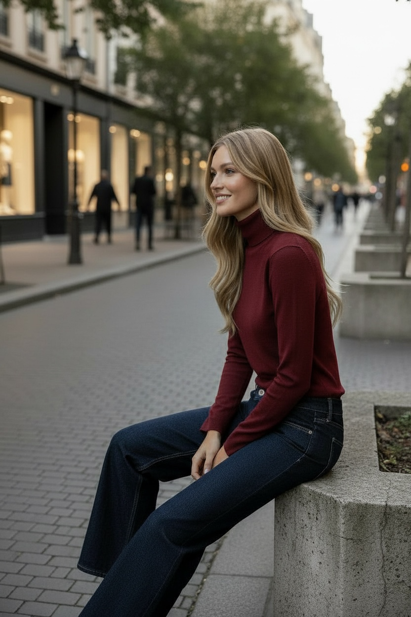 Pull col roulé basique tout doux bordeaux