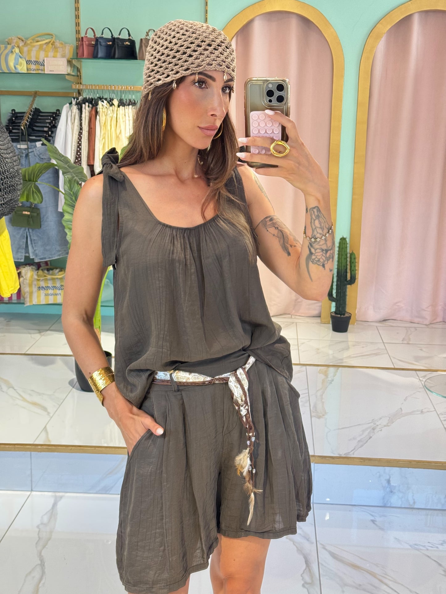 Short fluide léger bohème avec ceinture - chocolat