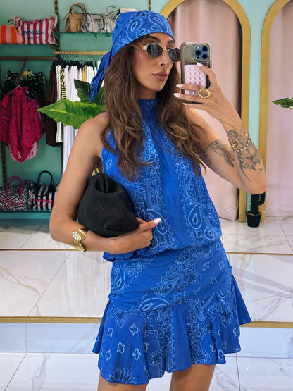 Ensemble top / jupe et foulard bandana  - bleu Klein