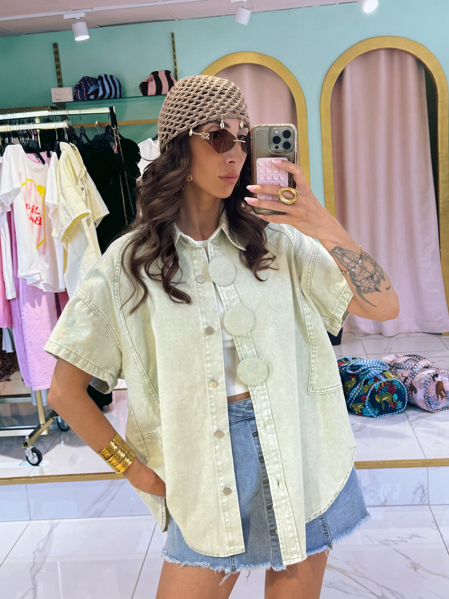 Veste en jean manches courtes oversize -mint