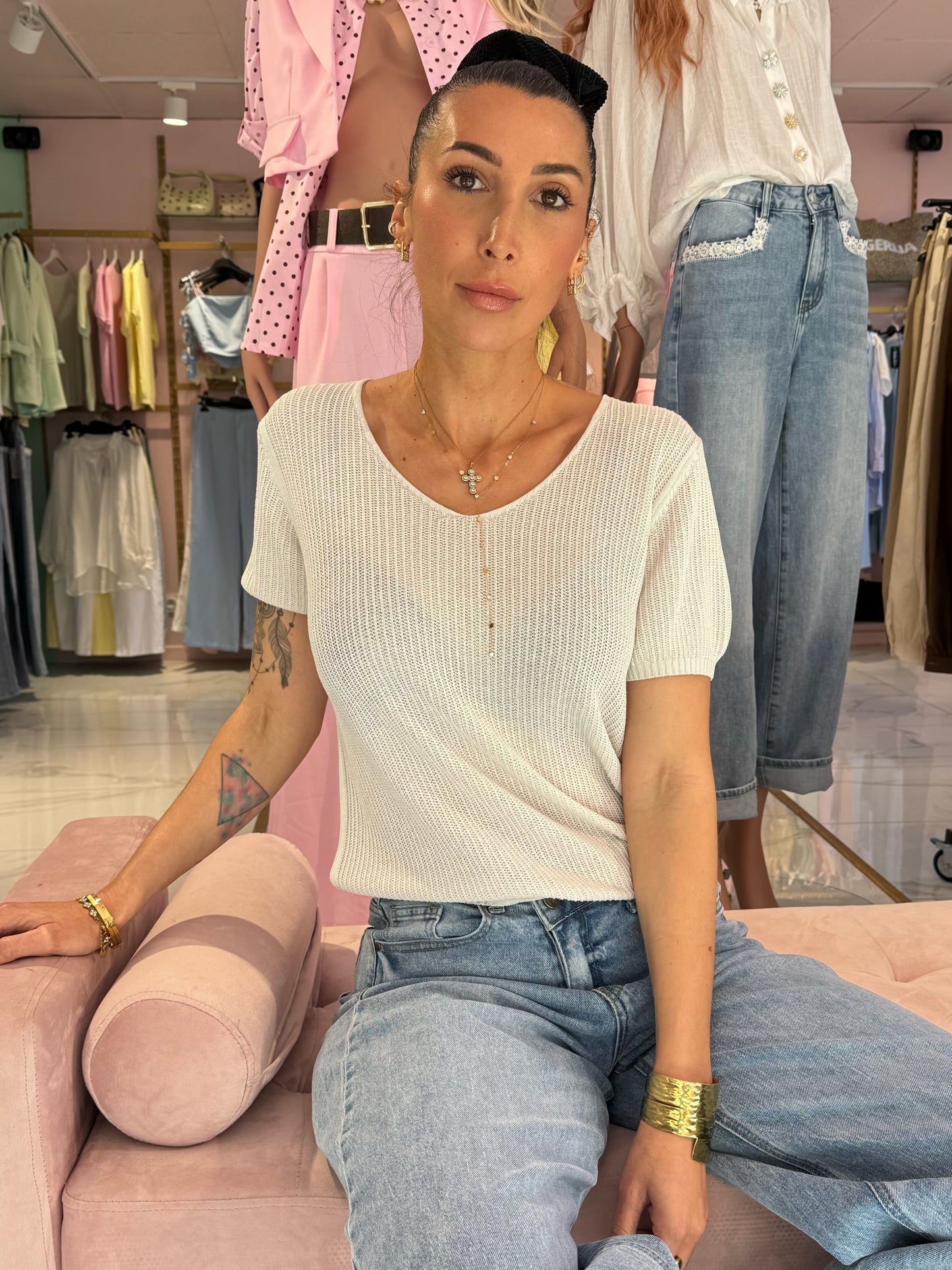 Top maille fine col V – vert d’eau