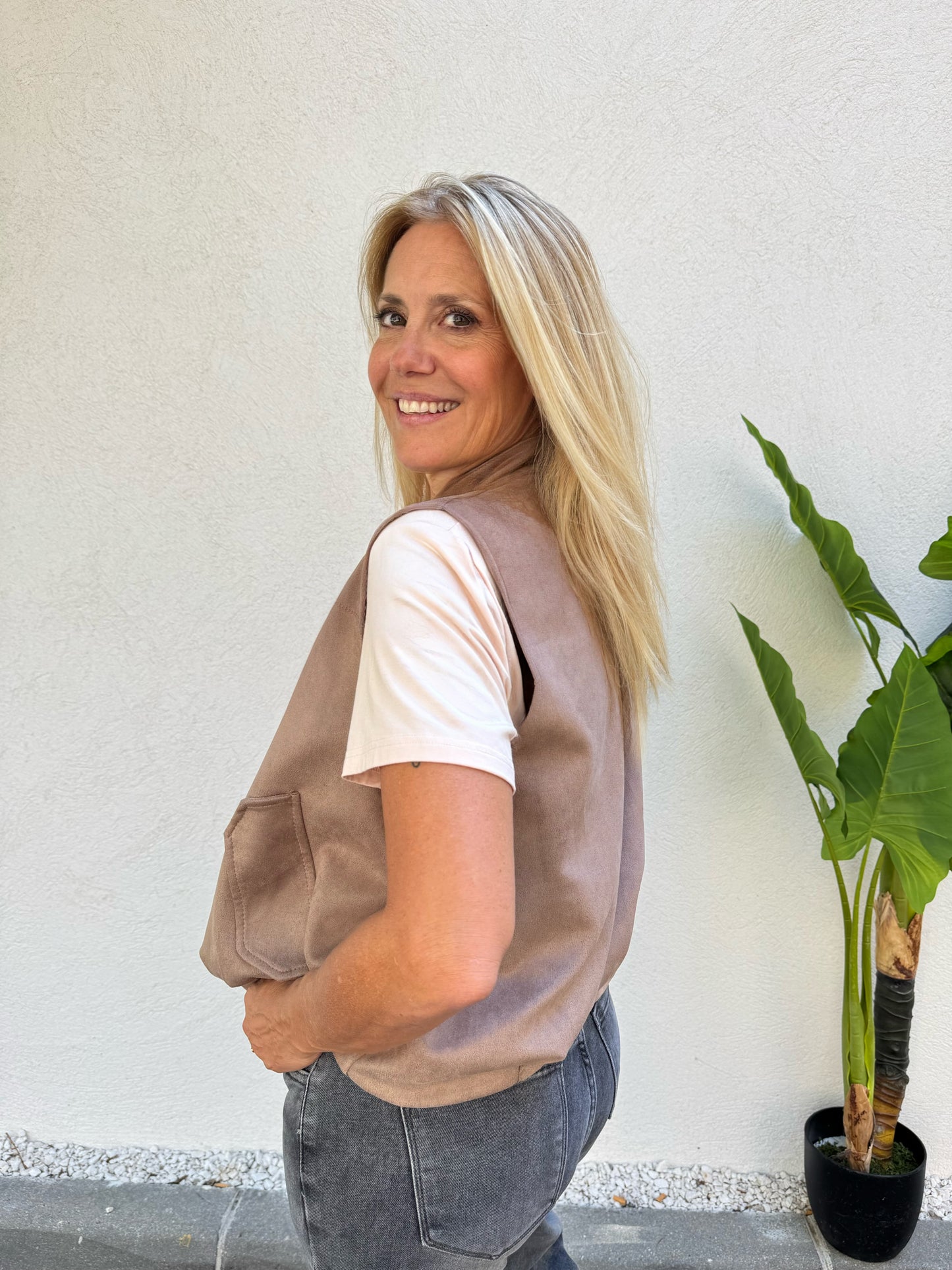 Veste sans manches façon nubuck beige