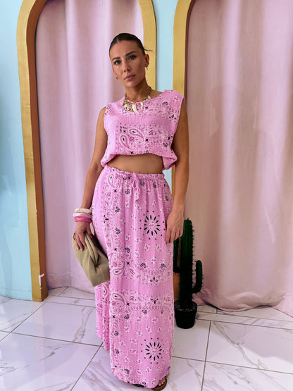 Ensemble top et jupe en gaz de coton à motif bandana- rose