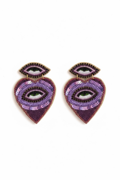 Boucles d’oreilles brodées à la main-coeur de protection violet