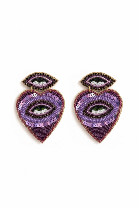Boucles d’oreilles brodées à la main-coeur de protection violet
