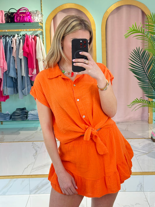 Chemise nouée en gaze de coton – orange