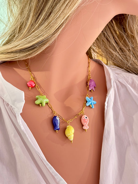 Collier breloque color full coquillage jaune