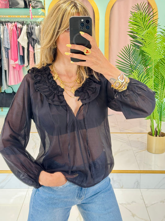 Blouse transparente col froncé – Noir