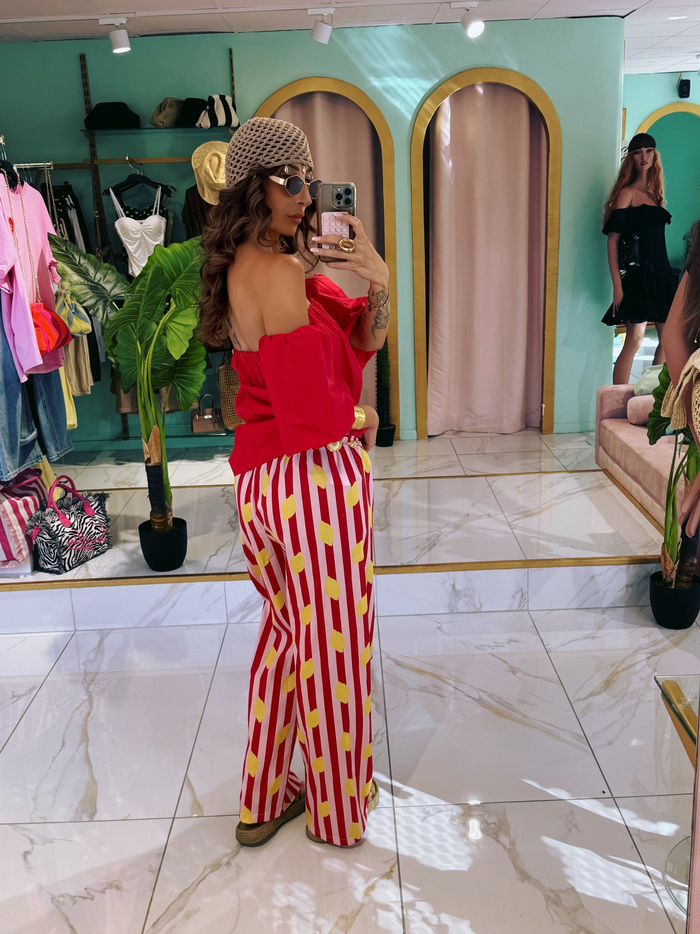 Pantalon rayé citron - rouge & rose
