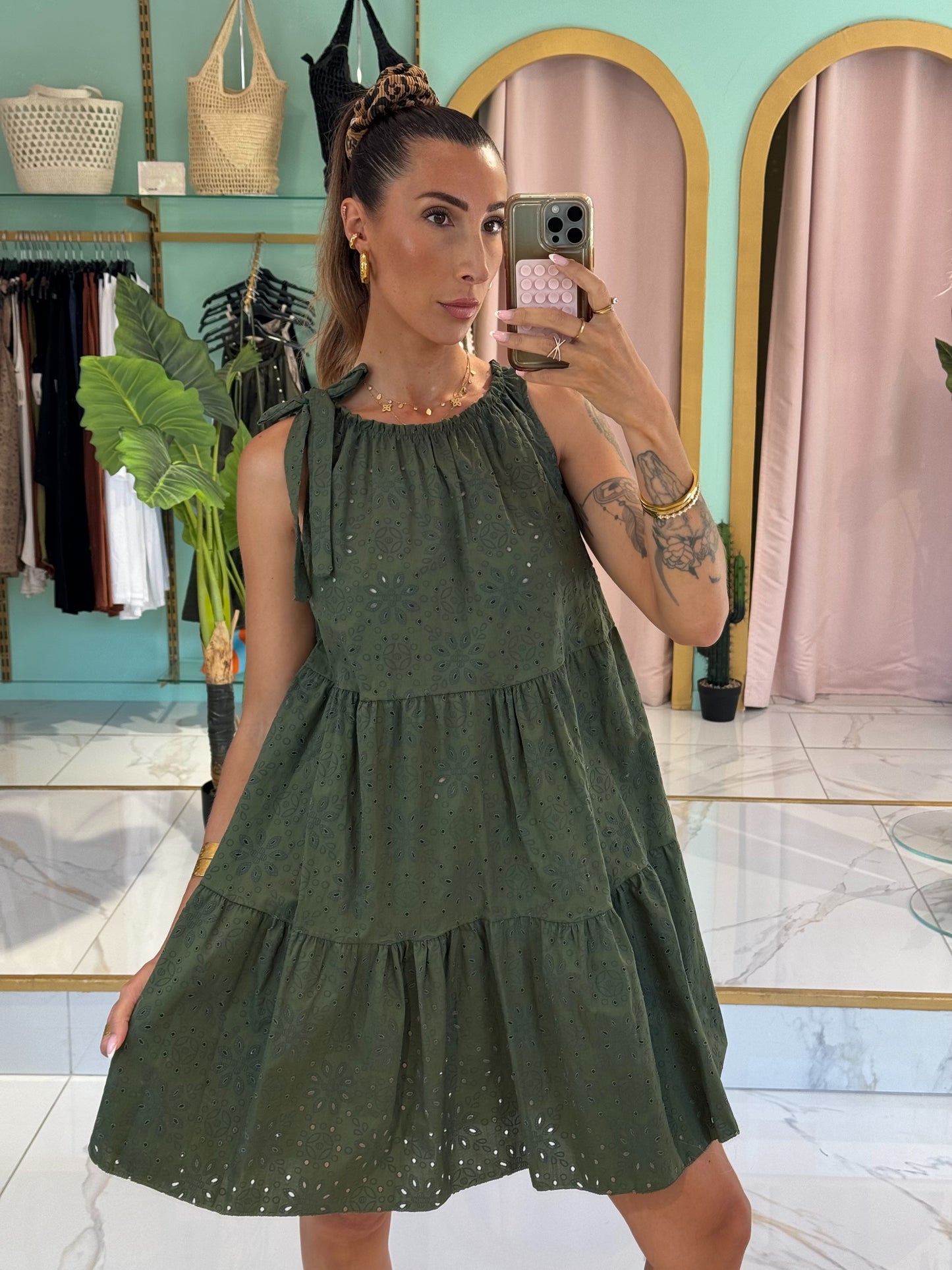 Robe oversize broderie & noeud épaule - kaki