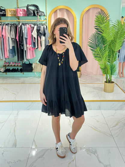 Robe coton col V dos noué - Noir