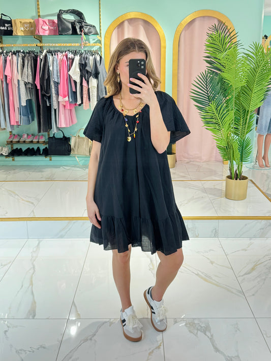 Robe coton col V dos noué - Noir