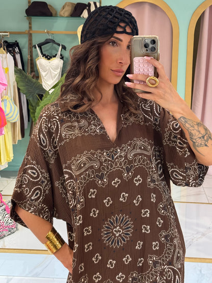Robe tunique en gaz de coton à motif bandana - chocolat
