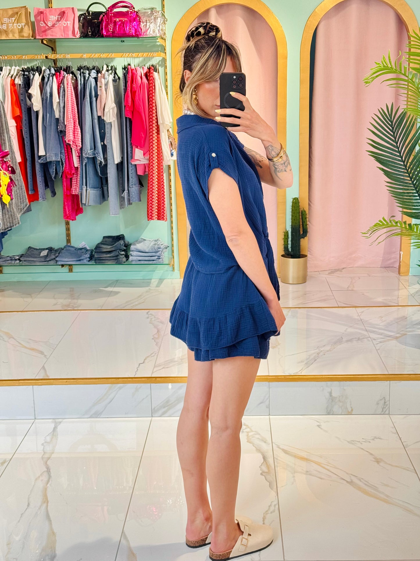 Jupe-short à volants en gaze de coton – bleu marine