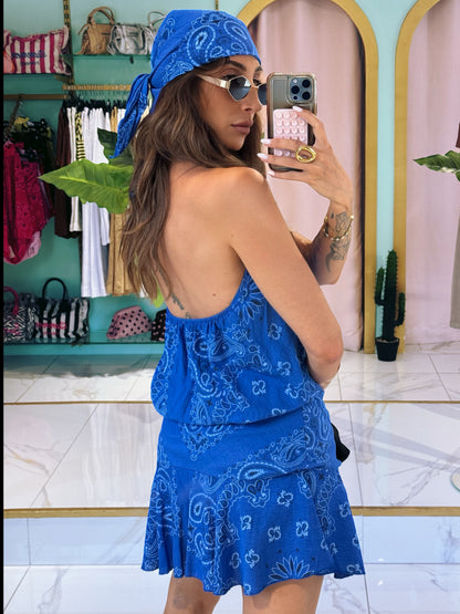 Ensemble top / jupe et foulard bandana  - bleu Klein